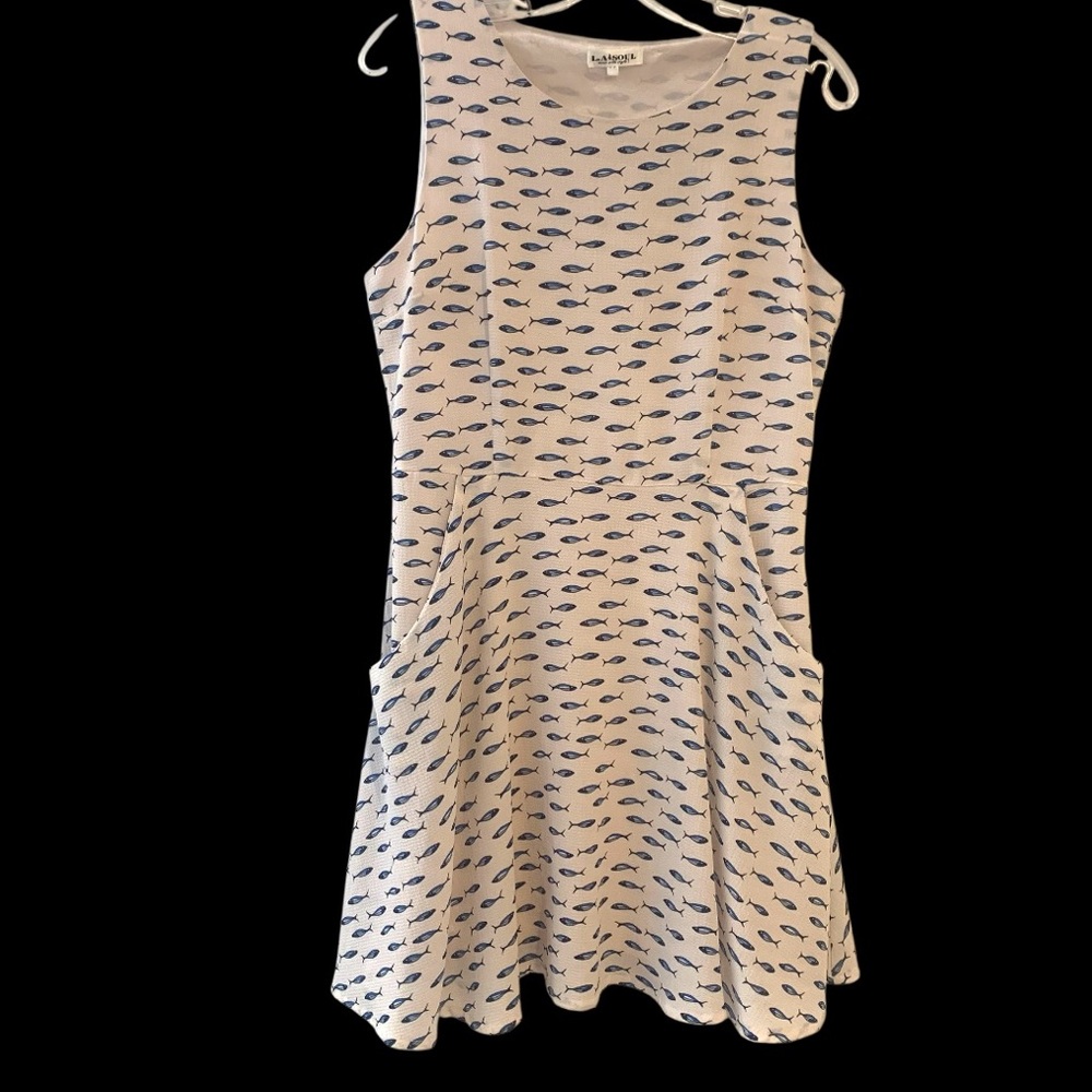 L.A. Soul Fish School Print Skater Dress Cream Blue Pockets Lined Women’s Size M